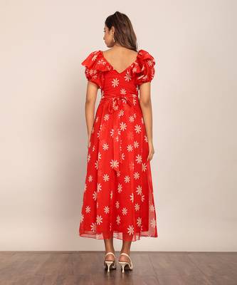 Red and white organza floral dress 6