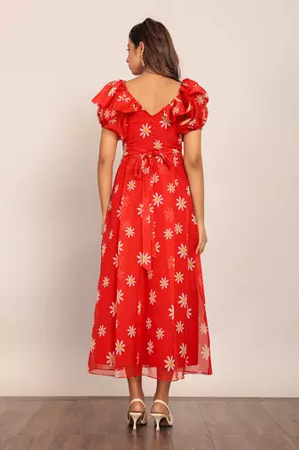 Red and white organza floral dress