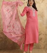 Women's Chanderi Embroidered Straight Kurta with Pant And Dupatta Set