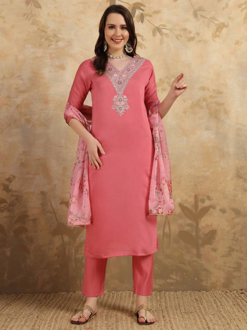 Women's Chanderi Embroidered Straight Kurta with Pant And Dupatta Set