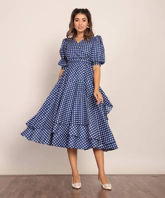 Blue and white cotton geometric dress 1