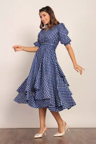 Blue and white cotton geometric dress