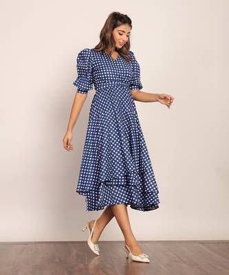 Blue and white cotton geometric dress 4
