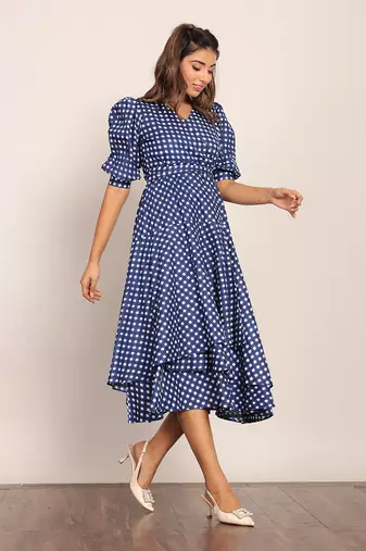 Blue and white cotton geometric dress
