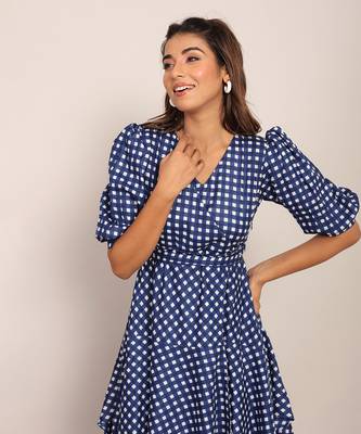 Blue and white cotton geometric dress 5