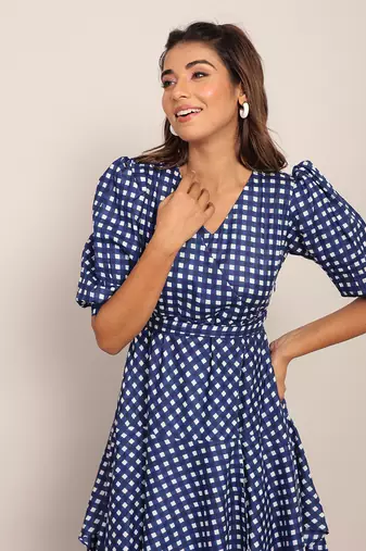 Blue and white cotton geometric dress