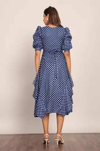Blue and white cotton geometric dress