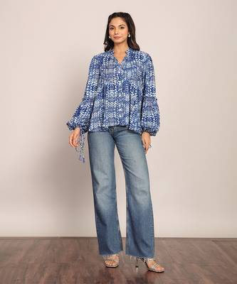 Blue and white cotton geometric top 3