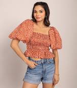 Brown and white cotton geometric top