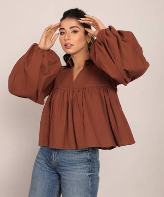 Brown slub cotton  solid top 1