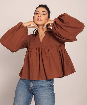 Brown slub cotton  solid top 3