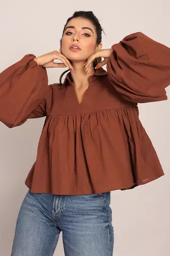 Brown slub cotton  solid top