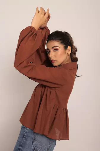 Brown slub cotton  solid top