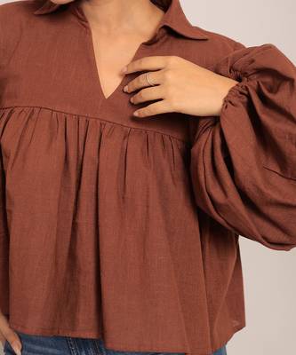 Brown slub cotton  solid top 5