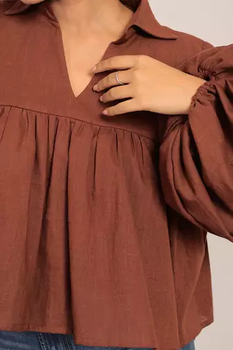 Brown slub cotton  solid top