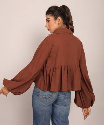 Brown slub cotton  solid top 6