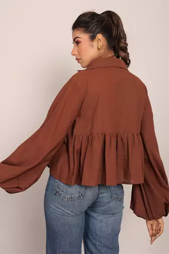 Brown slub cotton  solid top
