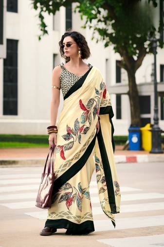 Cream Designer Digital Printed Japan Satin Saree With Blouse
