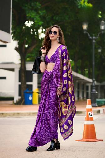 Purple Designer Digital Printed Japan Satin Saree With Blouse