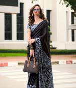 Black Designer Digital Printed Japan Satin Saree With Blouse