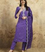 Women's Chanderi  Embroidered Straight Kurta with Pant And Dupatta Set