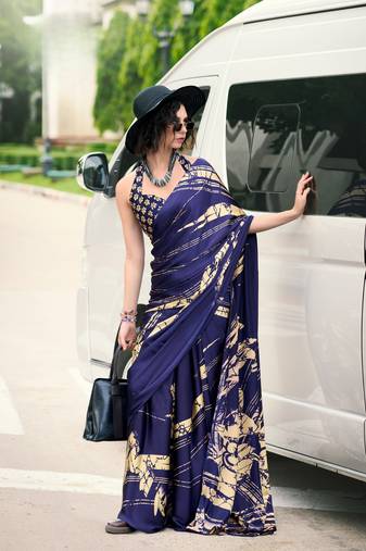 Navy Blue Designer Digital Printed Japan Satin Saree With Blouse