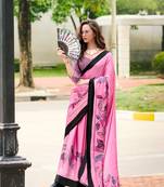 Pink Designer Digital Printed Japan Satin Saree With Blouse