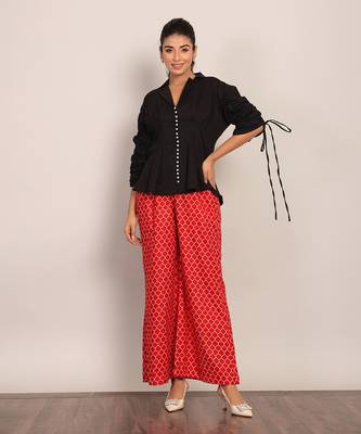 Black and red cotton top- solid and pant- geometric co-ord set 1