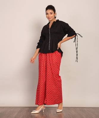Black and red cotton top- solid and pant- geometric co-ord set 3
