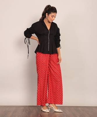 Black and red cotton top- solid and pant- geometric co-ord set 4