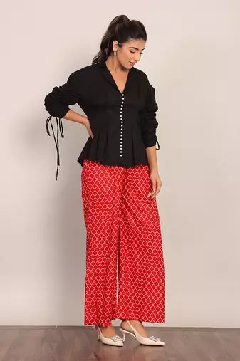 Black and red cotton top- solid and pant- geometric co-ord set