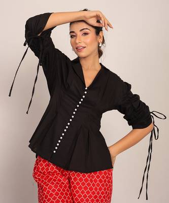 Black and red cotton top- solid and pant- geometric co-ord set 5