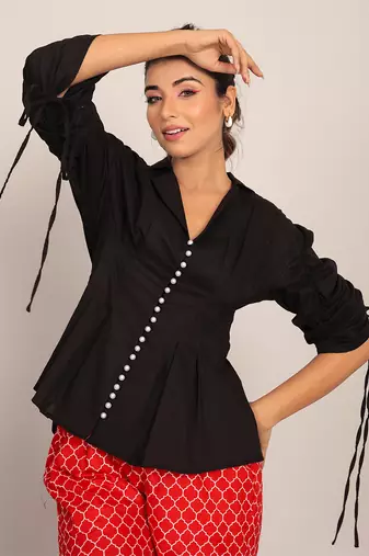 Black and red cotton top- solid and pant- geometric co-ord set