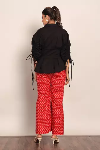 Black and red cotton top- solid and pant- geometric co-ord set