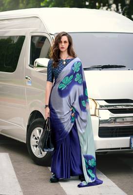 Navy Blue Designer Digital Printed Japan Satin Saree With Blouse 1