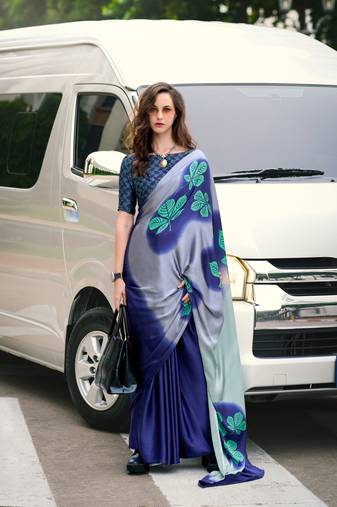 Navy Blue Designer Digital Printed Japan Satin Saree With Blouse