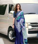 Navy Blue Designer Digital Printed Japan Satin Saree With Blouse