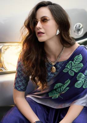 Navy Blue Designer Digital Printed Japan Satin Saree With Blouse 2