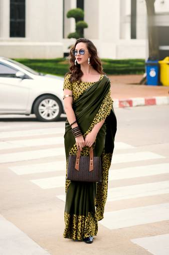 Dark Green Designer Digital Printed Japan Satin Saree With Blouse
