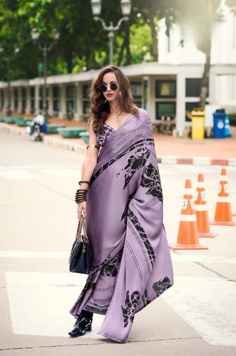 Lavender Designer Digital Printed Japan Satin Saree With Blouse