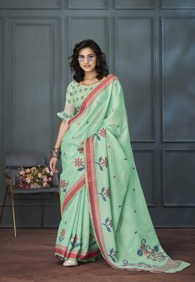 Light Green Designer Weaving Handloom Linen Saree With Blouse 1