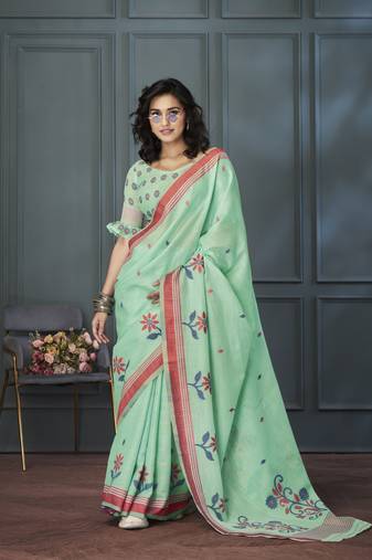 Light Green Designer Weaving Handloom Linen Saree With Blouse
