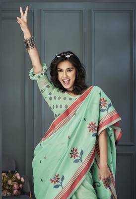 Light Green Designer Weaving Handloom Linen Saree With Blouse 2