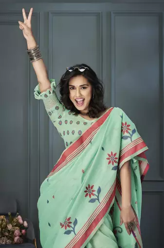 Light Green Designer Weaving Handloom Linen Saree With Blouse