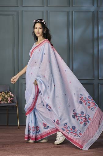 Lavender Designer Weaving Handloom Linen Saree With Blouse