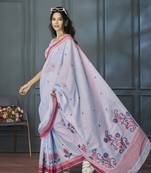 Lavender Designer Weaving Handloom Linen Saree With Blouse