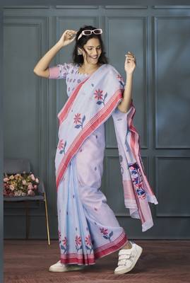Lavender Designer Weaving Handloom Linen Saree With Blouse 2