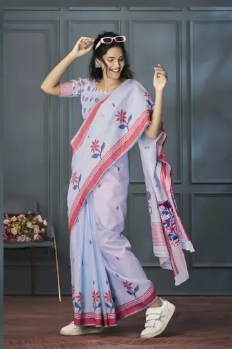 Lavender Designer Weaving Handloom Linen Saree With Blouse