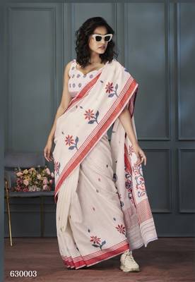 Off White Designer Weaving Handloom Linen Saree With Blouse 1