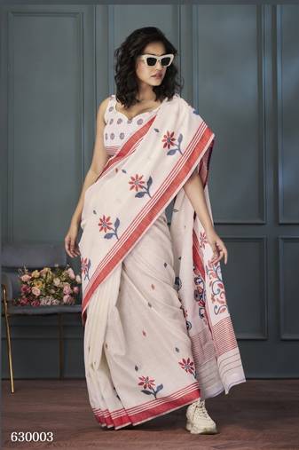 Off White Designer Weaving Handloom Linen Saree With Blouse